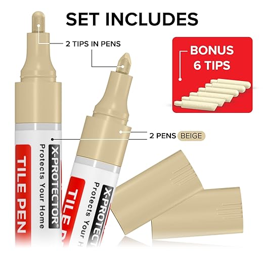 X-Protector Water Based Grout Marker - 2 PCS with 8 Tips, True Beige