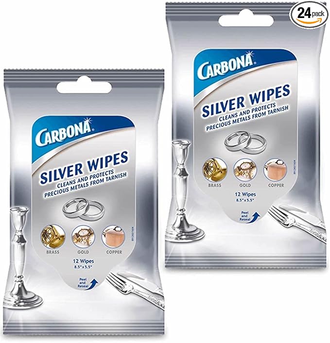 Carbona Silver Wipes | Metal Cleaner & Polish | 12 Wipes, 2 Pack