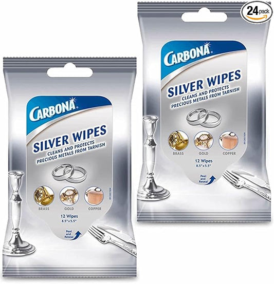 Carbona Silver Wipes | Metal Cleaner & Polish | 12 Wipes, 2 Pack
