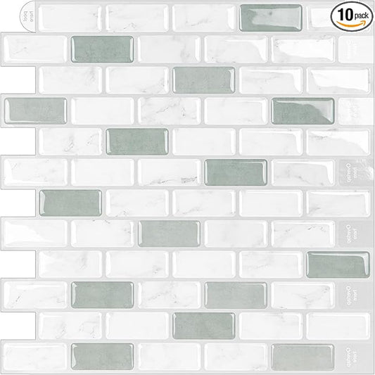 Peel and Stick Backsplash Tile, 10-Sheet Sage Green Self Adhesive Marble Tile, Stick on Backsplash for Kitchen and Bathroom, 12"x12" Wall Tiles with Marble Look