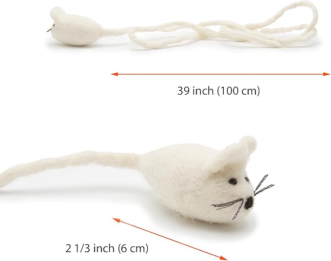Glaciart One Felt Mouse Cat Toy – Soft Fuzzy Enrichment 100% Natural Wool - Interactive Catnip Play Cat Toy Set - Safe for Pets, Non-AZO Colored Dyes - 42” Long