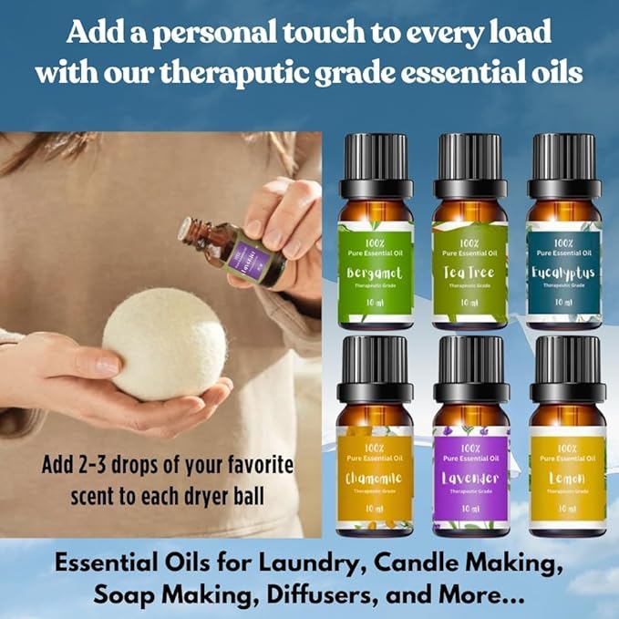 Essential Oils for Laundry + Puppy Wool Dryer Ball Set, 6 Dog Dryer Balls & Essential Oil Set Bundle, 6 Most Used Pure Therapeutic Grade Oil Set, and Organic Wool Dryer Ball Set