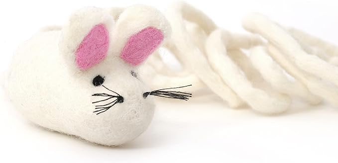 Glaciart One Felt Mouse Cat Toy – Soft Fuzzy Enrichment 100% Natural Wool - Interactive Catnip Play Cat Toy Set - Safe for Pets, Non-AZO Colored Dyes - 100” Long