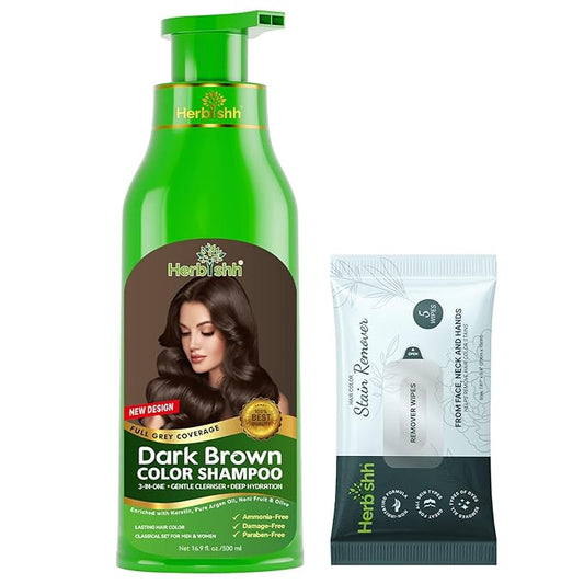 Herbishh Hair Color Shampoo for Gray Hair Dark Brown 500 ML + Stain Remover Wipes - Travel Pack With 5 Wipes