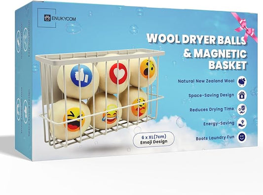 Emoji Wool Dryer Balls with Magnetic Dryer Ball Holder for Laundry Room Organization and Storage ??6 XL Reusable Wool Balls for Dryer with Fun Emoji Design to Make Laundry More Enjoyable