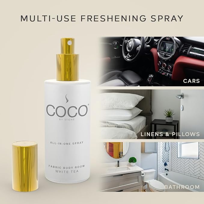 COCO by Stone 5oz All-in-One Spray (White Tea) Shake & Spray Formula for Fabric, Pillows, Interiors, Clothing, Home Fragrance Accessories, Room Perfume, Room Deodorizer, Vegan & Cruelty-Free