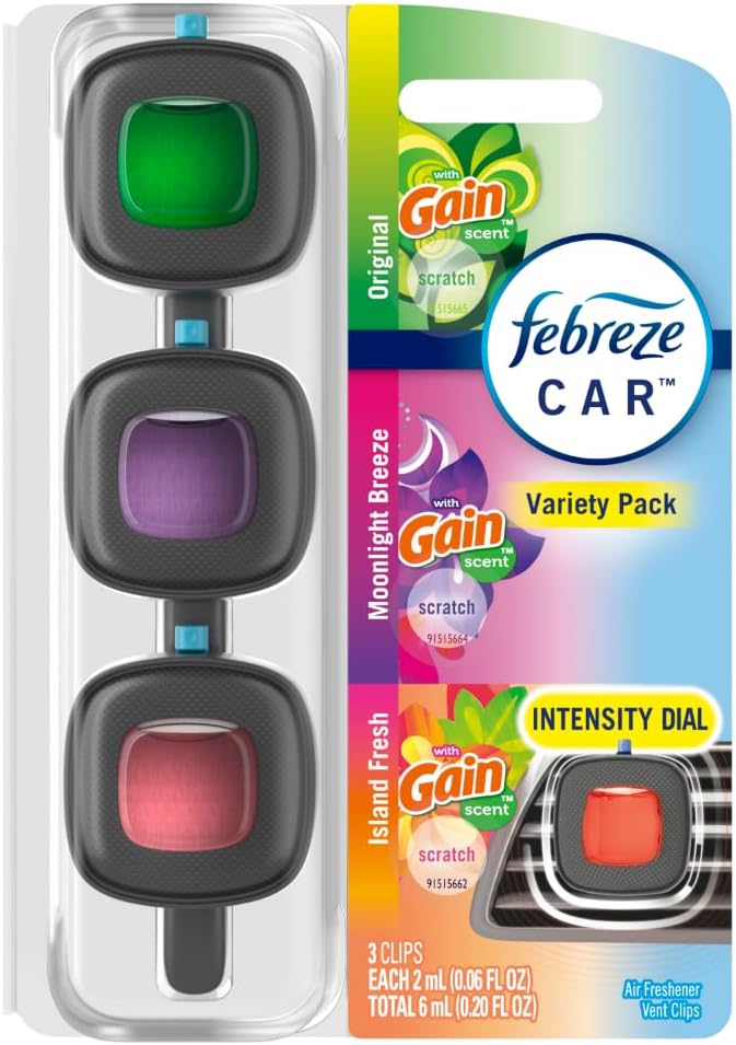 Febreze Car Air Freshener, Odor-Fighting Automotive Vent Clip, Mixed Gain Scent, 3 Count