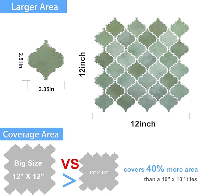 Arabesque Peel and Stick Backsplash for Kitchen, Thicker Design 3D Self Adhesive Wall Tiles, 12"x12" Peel and Stick Wall Tiles, Mix Green 10-Sheet Stick on Tile for Kitchen and Bathroom.