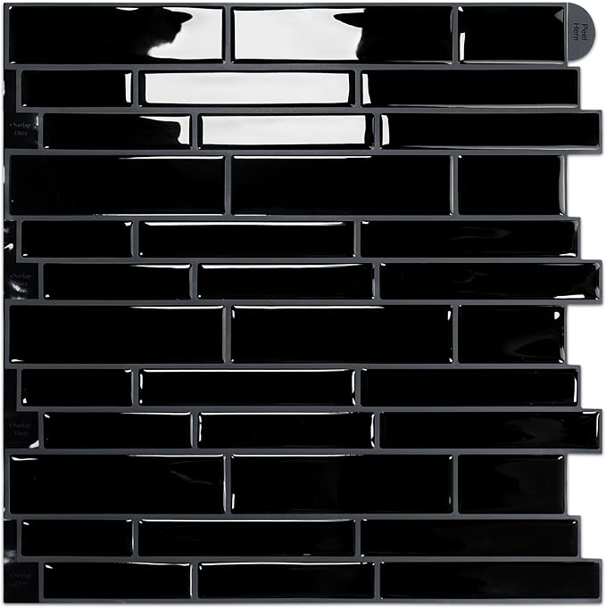 Vamos Tile Black Peel and Stick Tile Backsplash, 12"x12" 10-Sheet Stick on Wall Tiles,Self Adhesive Tile Sticker for Kitchen Backsplash and Bathroom(Black)