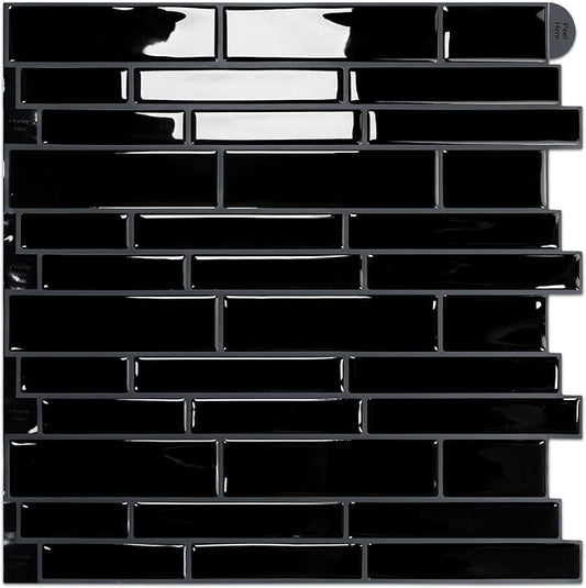 Vamos Tile Black Peel and Stick Tile Backsplash, 12"x12" 10-Sheet Stick on Wall Tiles,Self Adhesive Tile Sticker for Kitchen Backsplash and Bathroom(Black)