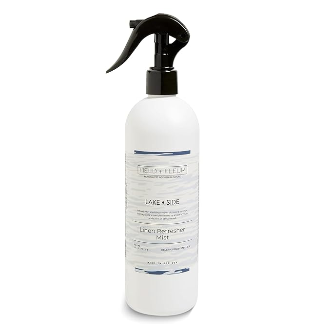 FIELD FLEUR Lake Side Linen & Room Spray 15.5 oz - Aromatic & Refreshing Bedding & Fabric Mist – Air Freshener for Clothes & Sofas - Notes of Amber, Citrus, Coconut, Musk & Sandalwood - Made in USA