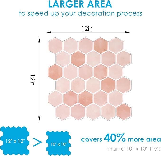 10-Sheet Hexagon Peel and Stick Backsplash for Kitchen, New Upgrade Premium Extra Thicker Design, 3D Self Adhesive Wall Tiles, Large Stick on Tiles for Kitchen and Bathroom (12" x 12")