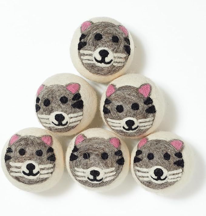 Upcycled Oversized New Zealand Wool Dryer Ball Set Cat Design, Handmade Fair Trade Eco Friendly Reusable Wool Dryer Balls for Faster Drying and Softening