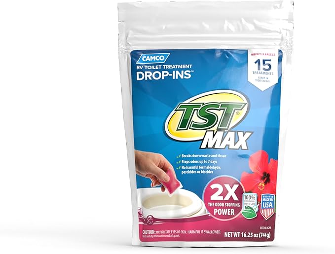 Camco TST MAX RV Toilet Treatment Drop-INs - Control Unwanted Odors & Break Down Waste and Tissue - Safe Septic Tank Treatment - Hibiscus Breeze Scent, 15-Pack (41600)