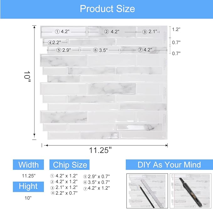 Marble Peel and Stick Backsplash, 10-Sheet Premium 3D Self Adhesive Tiles for Kitchen Stick on Backsplash, Marble Look Decorative Tiles
