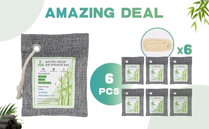 6 Pack Activated Charcoal Odor Absorber. Nature Fresh Bamboo Charcoal Air Purifying Bag Home Closet Air Freshener Deodorizer and Moisture Eliminator, Purifier for Closet, Shoe, Car Air freshener