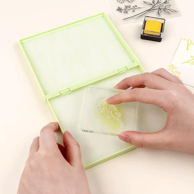 Briartw Stamp Cleaning Kit:Yellow Stamp Scrubber & All-Purpose Stamp Cleaner Spray | Dual-Sided Cleaning Pad for Rubber, Clear, Cling & Foam Stamps | Complete Care for Water-Based & Permanent Inks