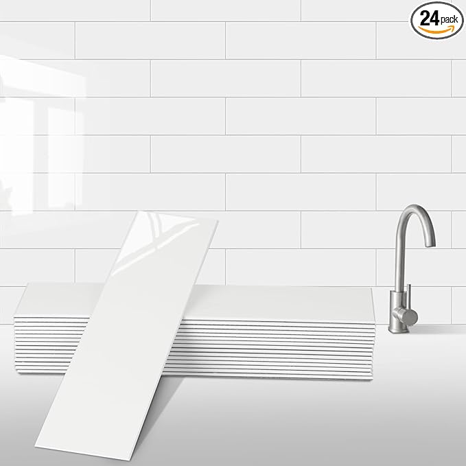 24-Pieces Peel and Stick Tiles for Kitchen Backsplash, New Upgrade Design 12" x 3"SPC Subway Backsplash Tiles, Cream White Premium Finger Tiles (Beige).