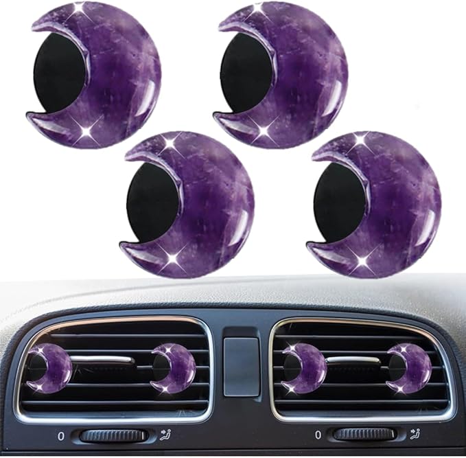 4 Pcs Crystal Moon Air Vent Clips, Quartz Moon Style Car Air Fresheners, Cute Car Decoration & Interior Decor Accessories for Women & Men (Purple)