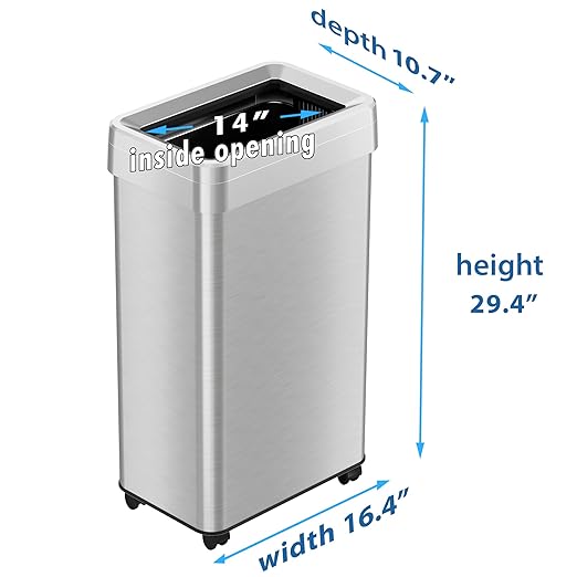 iTouchless 18 Gallon Open Top Kitchen Trash Can Recycling Bin with Wheels and Double Odor Filters Rectangular Commercial Stainless Steel 68 Liter Trashcan Home Office Work Bedroom Livingroom Garage