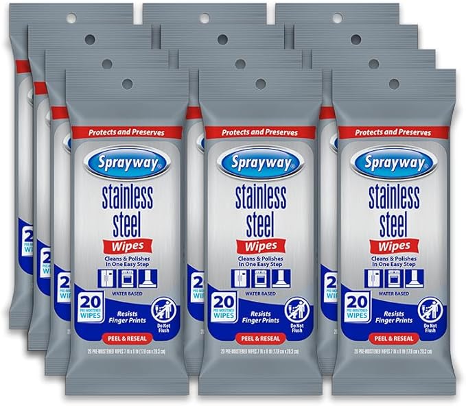 Sprayway Stainless Steel Wipes (Water-Based), 20ct, Pack of 12 | Pre-Moistened, Streak-Free Formula | Cleans Stainless Steel, Brass, Silver, Chrome, Copper | Removes Smudges, Stains, Fingerprints