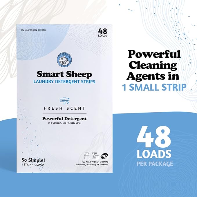 Smart Sheep Laundry Strips - 48 Loads - Detergent Strips for Sensitive Skin - Eco Friendly & Plastic Free - Perfect for Home, Travel & Camping - Fresh Scent