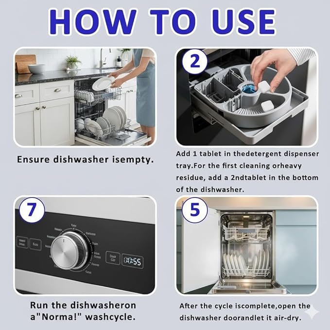 Dishwasher Cleaner Tablets | Eliminates Limescale, Grease & Odors | Septic Safe, Fragrance-Free, Plastic-Free | Deep Clean & Maintain All Dishwashers