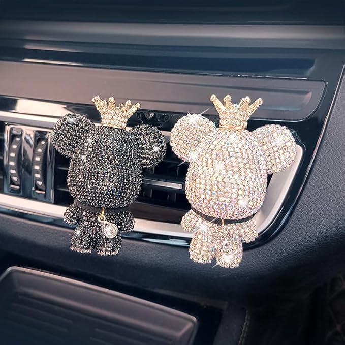 Handmade Bling Rhinestone Bear Car Air Freshener Cute Ornaments Car Vent Clips Accessories Perfume Clip Aromatherapy Diffuser Fragrance Cotton Pad Car Interior Decoratio Women Girl (AB白)