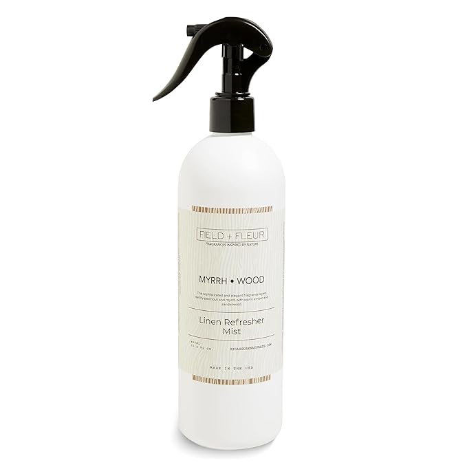 FIELD FLEUR Myrrh Wood Linen & Room Spray 15.5 oz - Aromatic & Refreshing Bedding & Fabric Mist - Air Freshener for Clothes & Sofas - Notes of Patchouli, Myrrh, Amber & Sandalwood - Made in USA