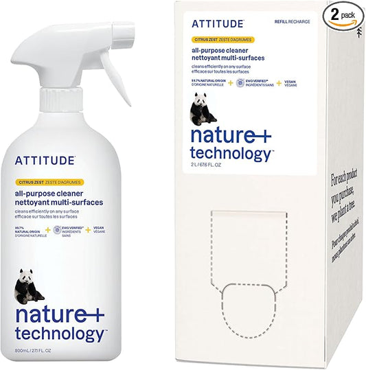 Bundle of ATTITUDE Multipurpose Spray Cleaner, Efficient Multi-Surface Plant & Mineral-based Formula, Vegan and Cruelty-Free, Citrus Zest, 27.1 Fl Oz + Bulk Refill 67.6 Fl Oz