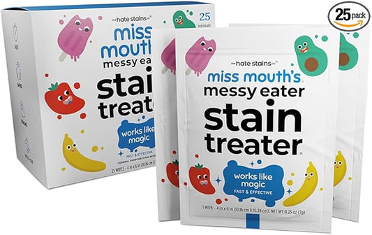 Miss Mouth's Messy Eater Stain Treater Wipes - 25 Pack Stain Remover - Newborn & Baby Essentials - No Dry Cleaning Food, Grease, Coffee Off Laundry, Underwear, Fabric