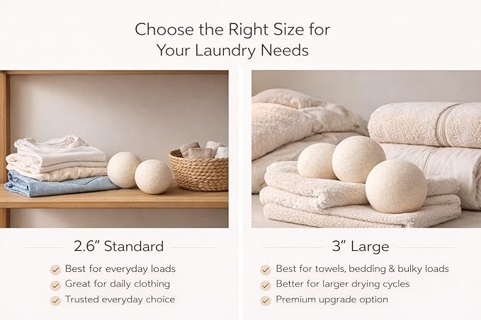 Wool Dryer Balls 6 Pack, 2.6 Inch, 100% New Zealand Wool, Reusable Natural Fabric Softener for Everyday Laundry, Helps Reduce Drying Time, Wrinkles and Static Cling