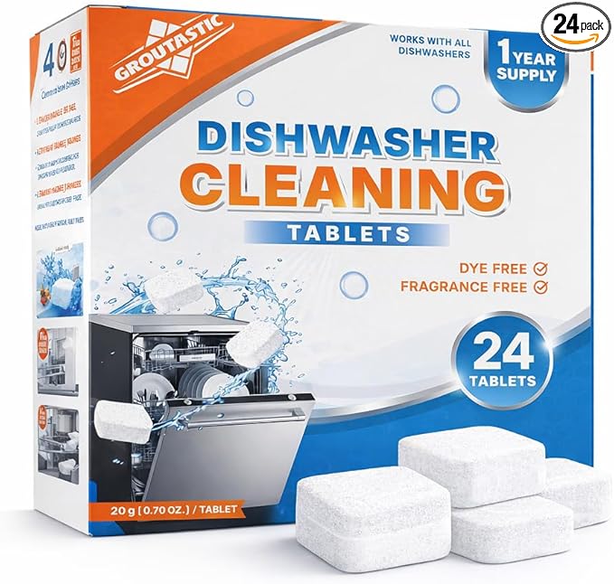 Dishwasher Cleaner and Deodorizer Tablets 24 Pack Dye Free and Fragrance Free Deep Cleaning Descaler Pods for inside your Dishwashers Septic Safe Monthly Maintenance | Groutastic