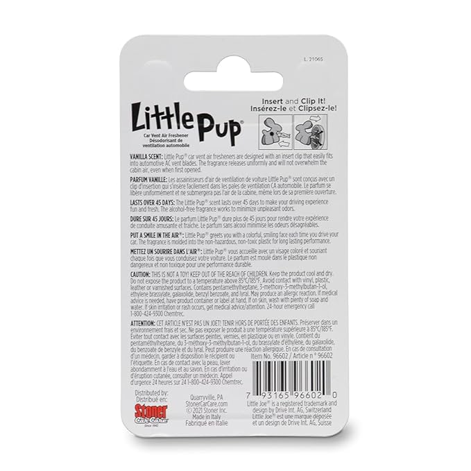 Little Pup 96602 Vanilla Scent, Car Air Freshener, Clips to A/C Air Vent, Alcohol-Free Fragrance Oil, Non-Hazardous and Non-Toxic Plastic, Set of 1 (Pack of 2)