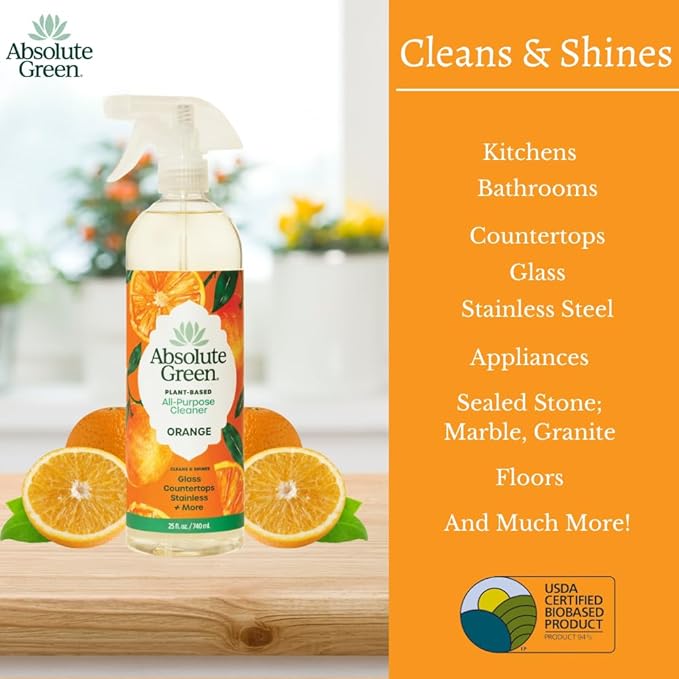 Absolute Green All Purpose Cleaner Spray, Non-Toxic, Kitchen, Bath, Countertop, Stainless, Safe around Kids + Pets, Natural Orange Scent, 25 oz (2 Pack)