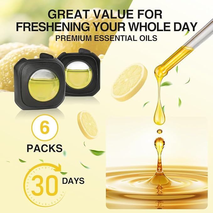 Car Air Freshener Vent Clip, Lemon Scented Car Accessories, Long Lasting for Strong Odors, Unstopables Fresh Scent, Lasting Over 180 Days, 6 Count
