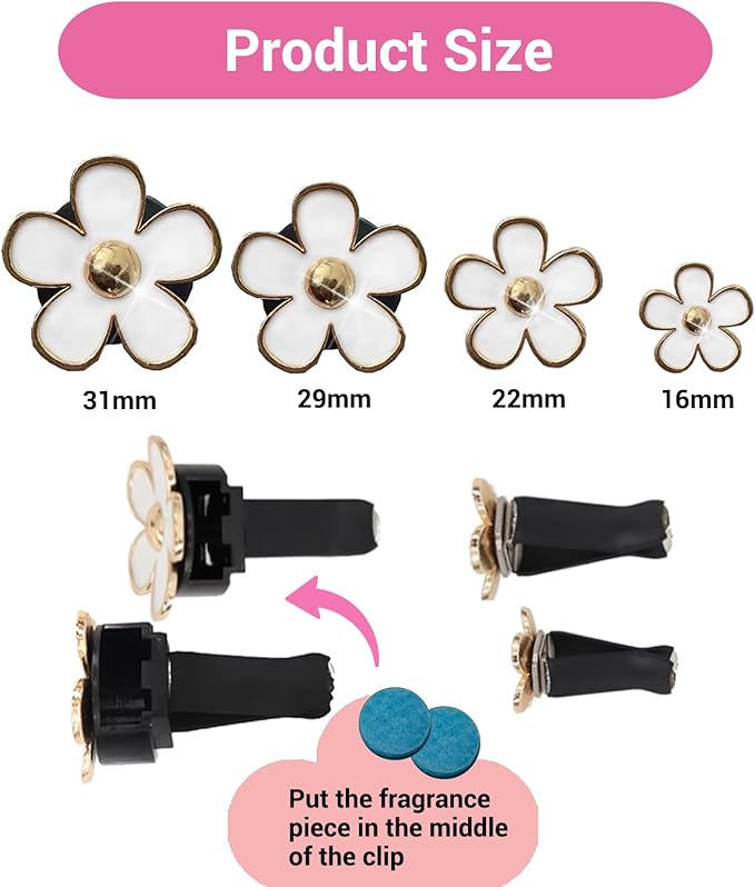 Daisy Flower Car Air Freshener Vent Clips, 4 Pcs Cute Car Accessories for Women Interior, Girly Decor Essentials, Truck Accessories, for Bathroom Office Pet Houses (White, 3.1cm 2.9cm 2.2cm 1.6cm)