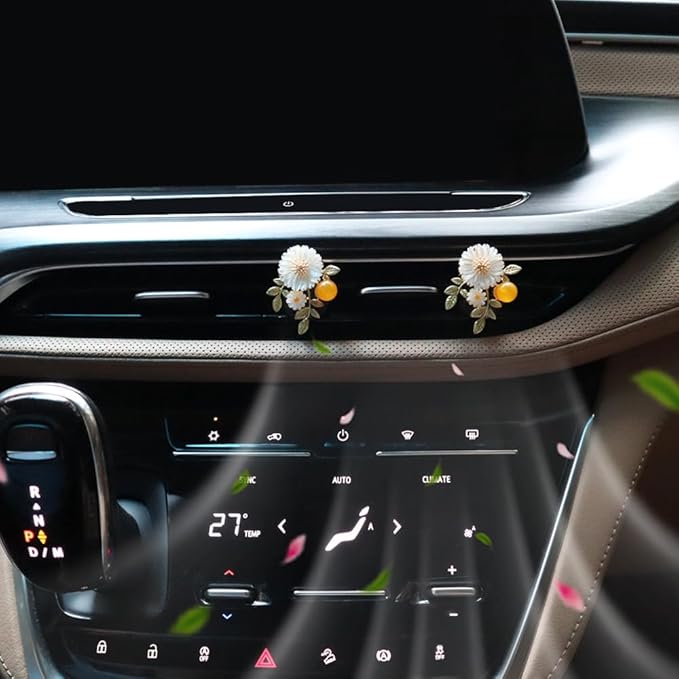 Flower Car Accessories,2pcs Daisy Air Vent Clips Car Air Freshener,Natural Shell Material Flower Dashboard Decor Car Charm for Women Mom