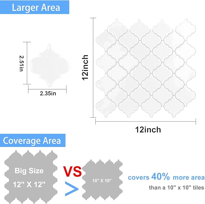 Arabesque Peel and Stick Backsplash for Kitchen, Thicker Design 3D Self Adhesive Wall Tile, 12"x12" Peel and Stick Wall Tiles, 10-Sheet Stick on Tiles for Kitchen and Bathroom (White)
