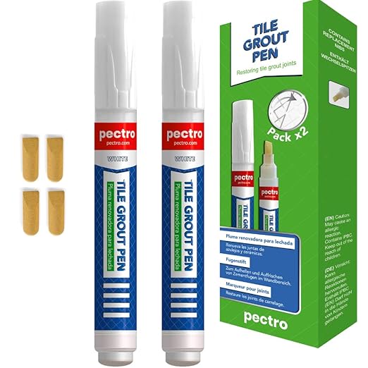 Grout Pen White – 2 Pack Tile Grout Markers with 4 Extra Nibs – Waterproof Grout Whitener & Paint for Bathroom & Kitchen – Easy to Apply, Restore Dirty Grout Lines – 0.27oz (8ml) Each PECTRO