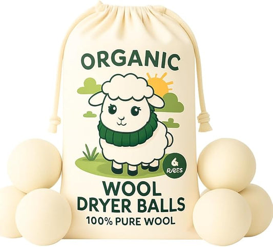 Organic Wool Dryer Balls 6 Pack ??100% Organic Fabric Softener, Reusable Dryer Ball Set for Reducing Wrinkles and Static, Hand-Felted, Hypoallergenic. Dryer Sheets Alternative. Size XL