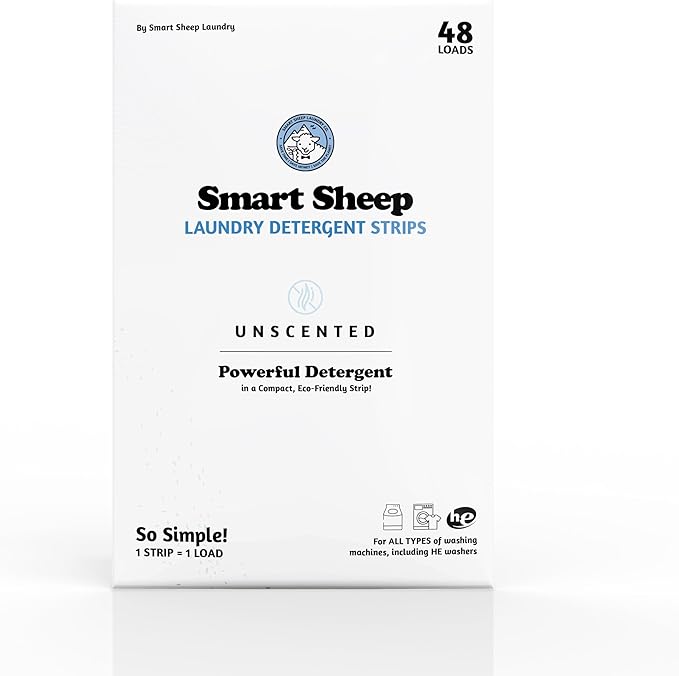 Smart Sheep Laundry Detergent Strips - Sensitive Skin - Eco Friendly & Plastic Free - Perfect for Travel & Camping (48 Count, Unscented)