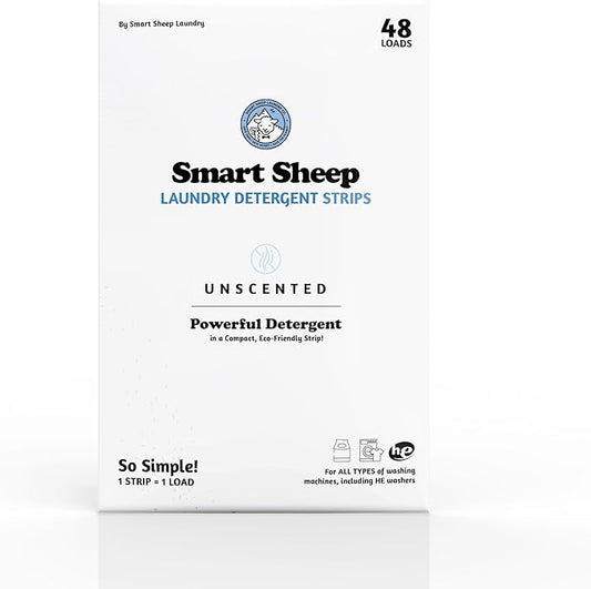 Smart Sheep Laundry Detergent Strips - Sensitive Skin - Eco Friendly & Plastic Free - Perfect for Travel & Camping (48 Count, Unscented)