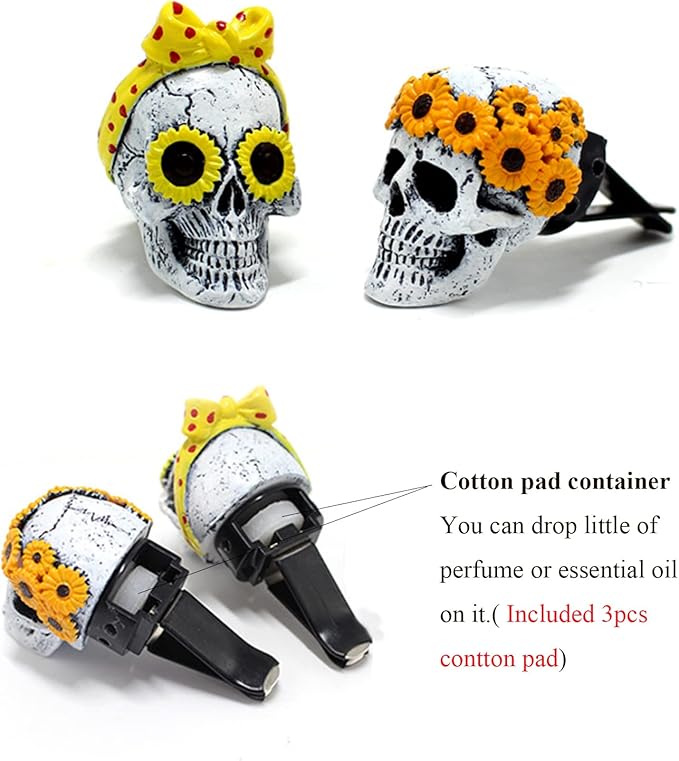 Sugar Skull Decor for Women Sunflower Air Fresheners Car Accessories Interior Aesthetic Dashboard Decorations Truck Stuff for Girls Cute Auto Charm Vent Clips Halloween Decors Easter Gifts for Women