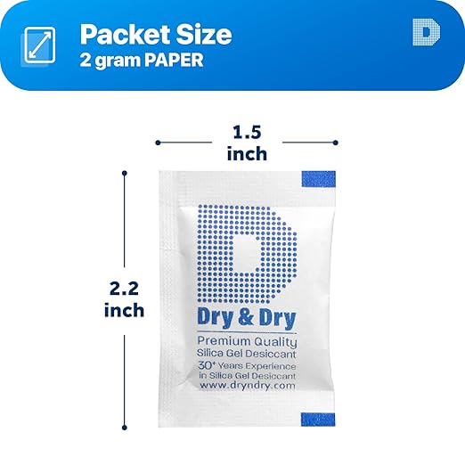 Dry & Dry 2 Gram [200 Packets] Silica Gel Packets Desiccants, Silica Packets - Rechargeable Moisture Absorbers for Food Storage, Electronics, 3D Filament & Safes
