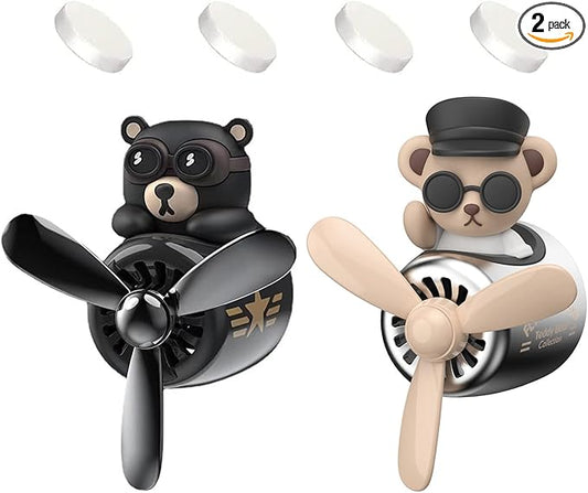 2 Pieces Car Air Fresheners, Cute Bear Pilot Car Diffuser, Propeller Air Outlet Vent Fresheners, Suitable for Automotive Interior Decoration (Bear (A+B))