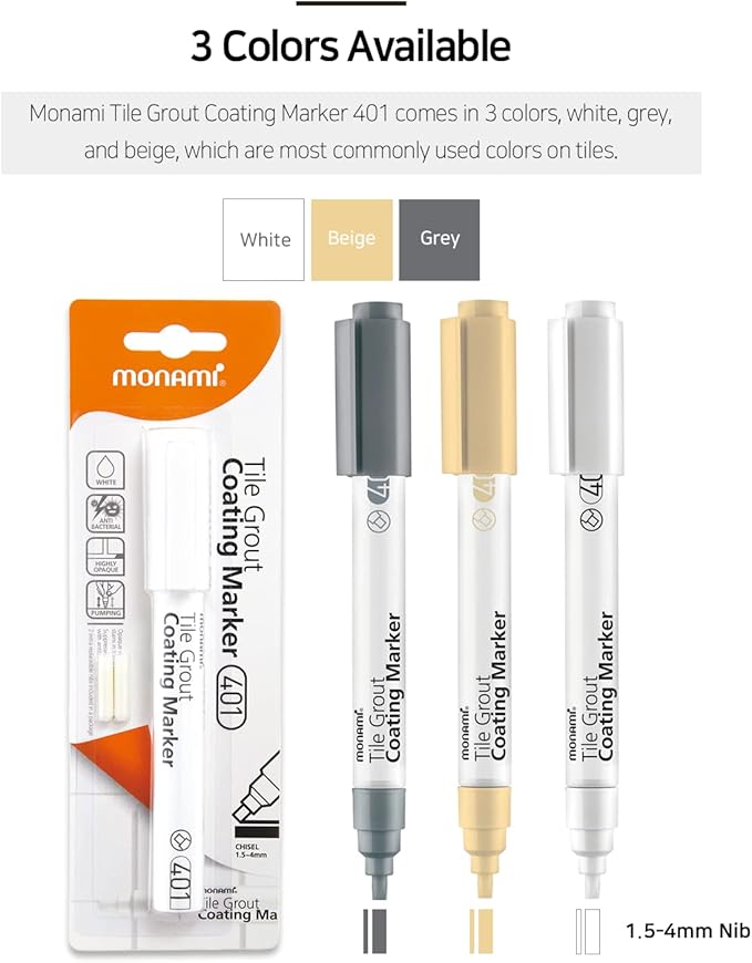 MONAMI Tile Grout Coating Marker 401, Chisel Tip (1.5~4mm), Repair Marker with Replaceable Nib Tips to Restore Grout Lines, Grey, 1 Marker + 2 Extra Tips
