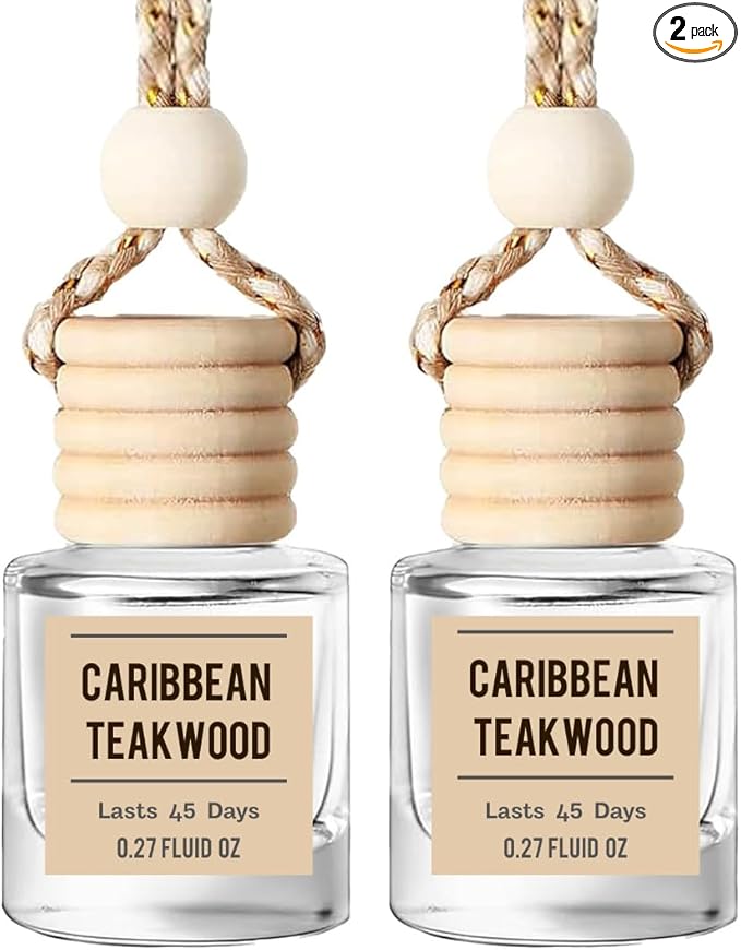 Caribbean Teakwood Hanging Car Air Freshener – Long Lasting Essential Oil Diffuser for Car, Closet, Bathroom – 2-Pack Natural Scent Deodorizer for men & women