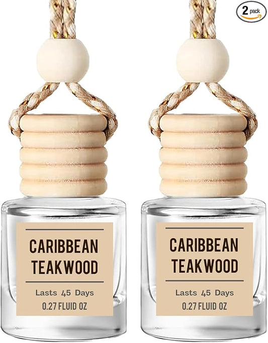 Caribbean Teakwood Hanging Car Air Freshener – Long Lasting Essential Oil Diffuser for Car, Closet, Bathroom – 2-Pack Natural Scent Deodorizer for men & women