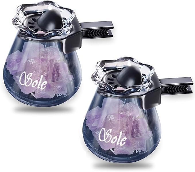 Car Diffuser Glass Bottles with Crystals Natural Stone for Spreading Essential Oils,Blue Lotus Design Glass jar as air freshener Vent Clip,car Vent Decor Accessories Pack of 2 (Purple + Purple)
